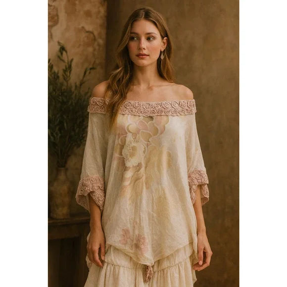 Emamo Silk Floral Sheer Tunic Blouse M Coquette Cottage Romantic Peasant Boho - Picture 1 of 16